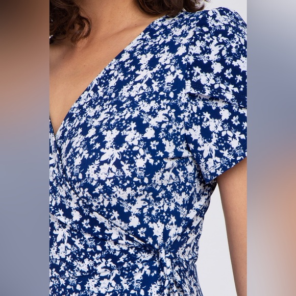 PINKBLUSH l Navy & White Floral High-Low Hem Faux Wrap Dress - Picture 6 of 8